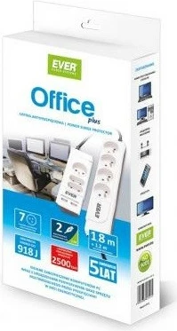 Zaščitna vtičnica EVER Office Plus, 7 priključkov, 2×USB, 3 m, bela