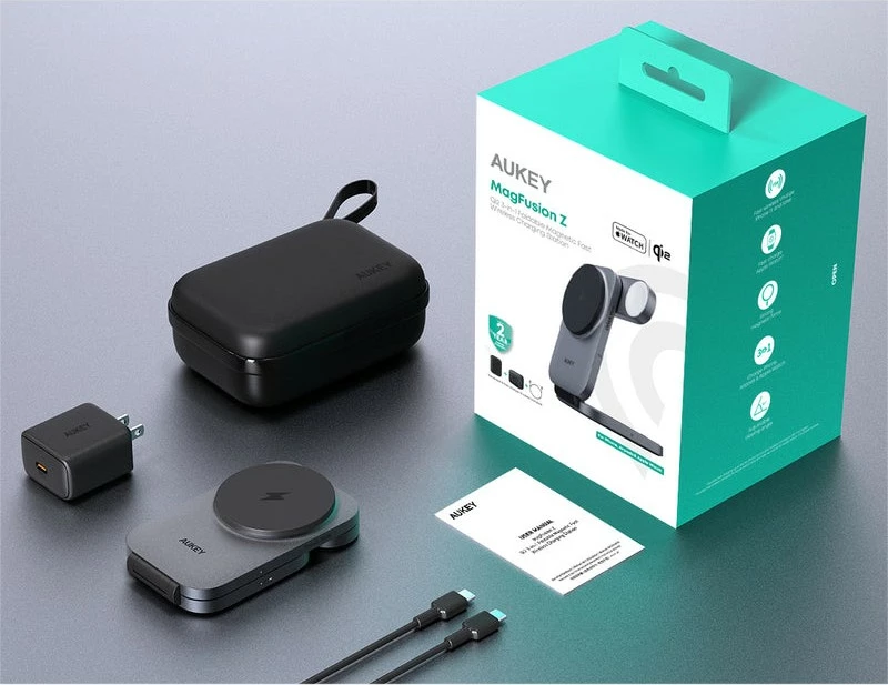 Brezžični 3-v-1 polnilec AUKEY LC-MC312 MagSafe Qi2, 15W + PD 30W, siv, s torbico za prenašanje