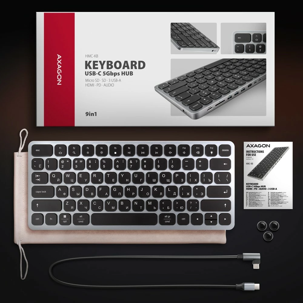 Tipkovnica z USB-C hub 9-v-1, cirilična postavitev, 60 cm, siva, AXAGON HMC-KB-CRL Tipkovnica z USB-C hub 9-v-1, cirilična postavitev, 60 cm, siva, AXAGON HMC-KB-CRL