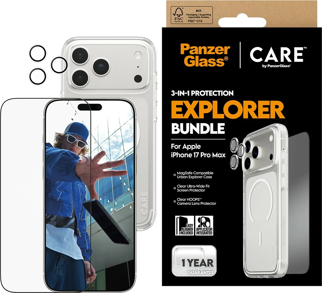 Ovitek za telefon 3-v-1 PanzerGlass CARE Flagship Explorer Bundle za iPhone 17 Pro Max, prozoren