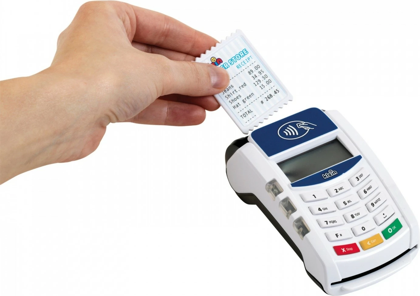 Igračni plačilni terminal Klein 7266, plastika, bel, z igričarsko kreditno kartico in računi