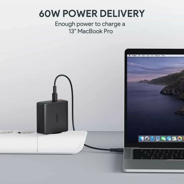 Karikues zidu AUKEY PA-D5, 2x USB-C Power Delivery 3.0, 63W, črn