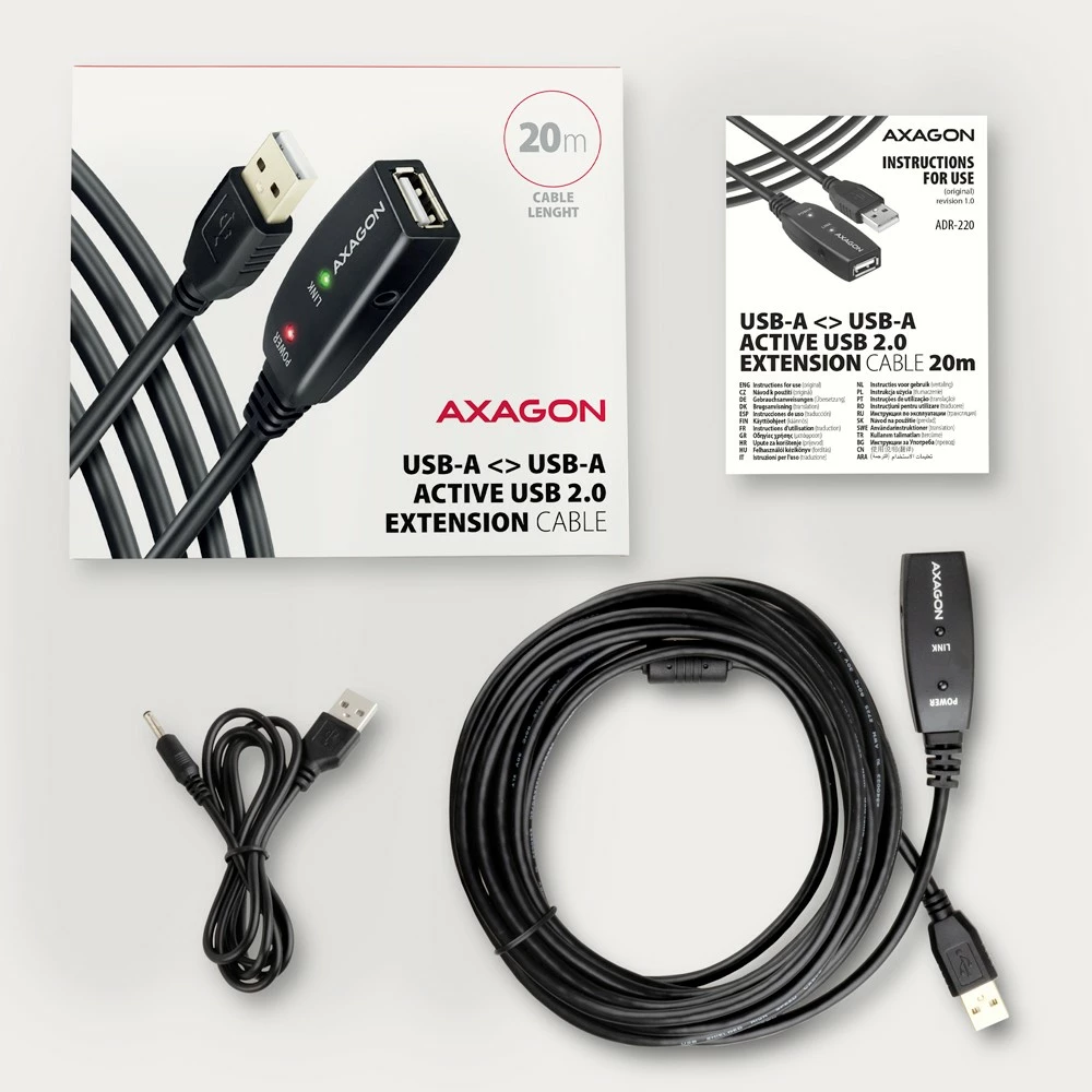 Podaljšek USB 2.0, AXAGON ADR-220, 20 m, črn Podaljšek USB 2.0, AXAGON ADR-220, 20 m, črn