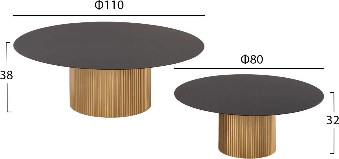 Klubske mize 2 kosa CLAD FH11916 kovinske v zlato-črni barvi vrh Φ110x38H & Φ80x32H cm