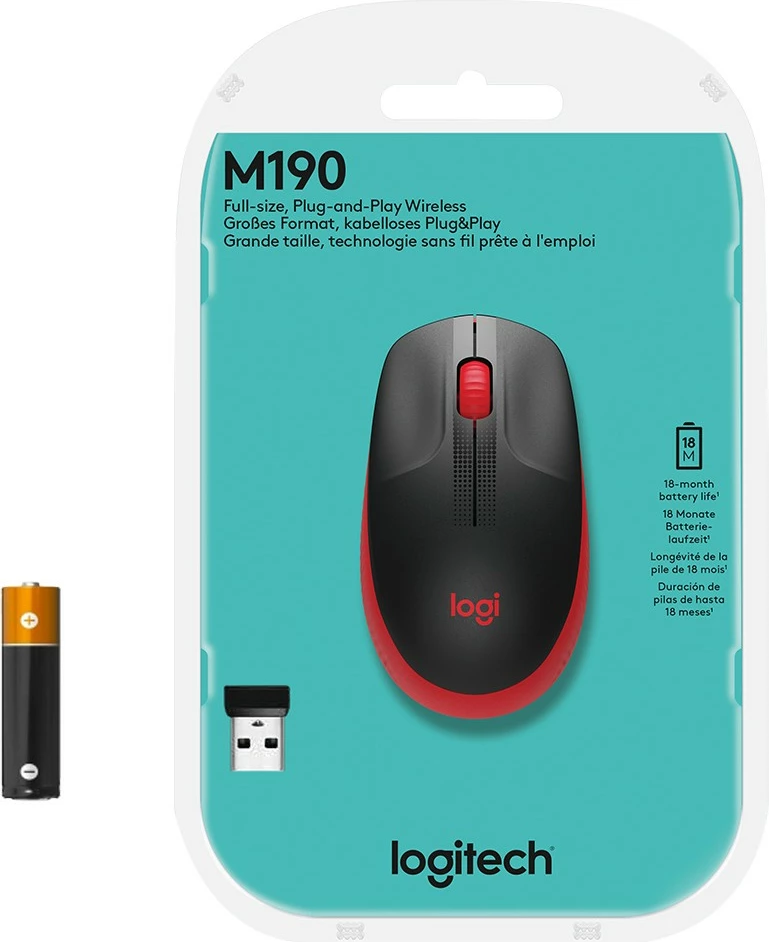 Brezžični miš, Logitech M190, 1000 DPI, črno, rdeče