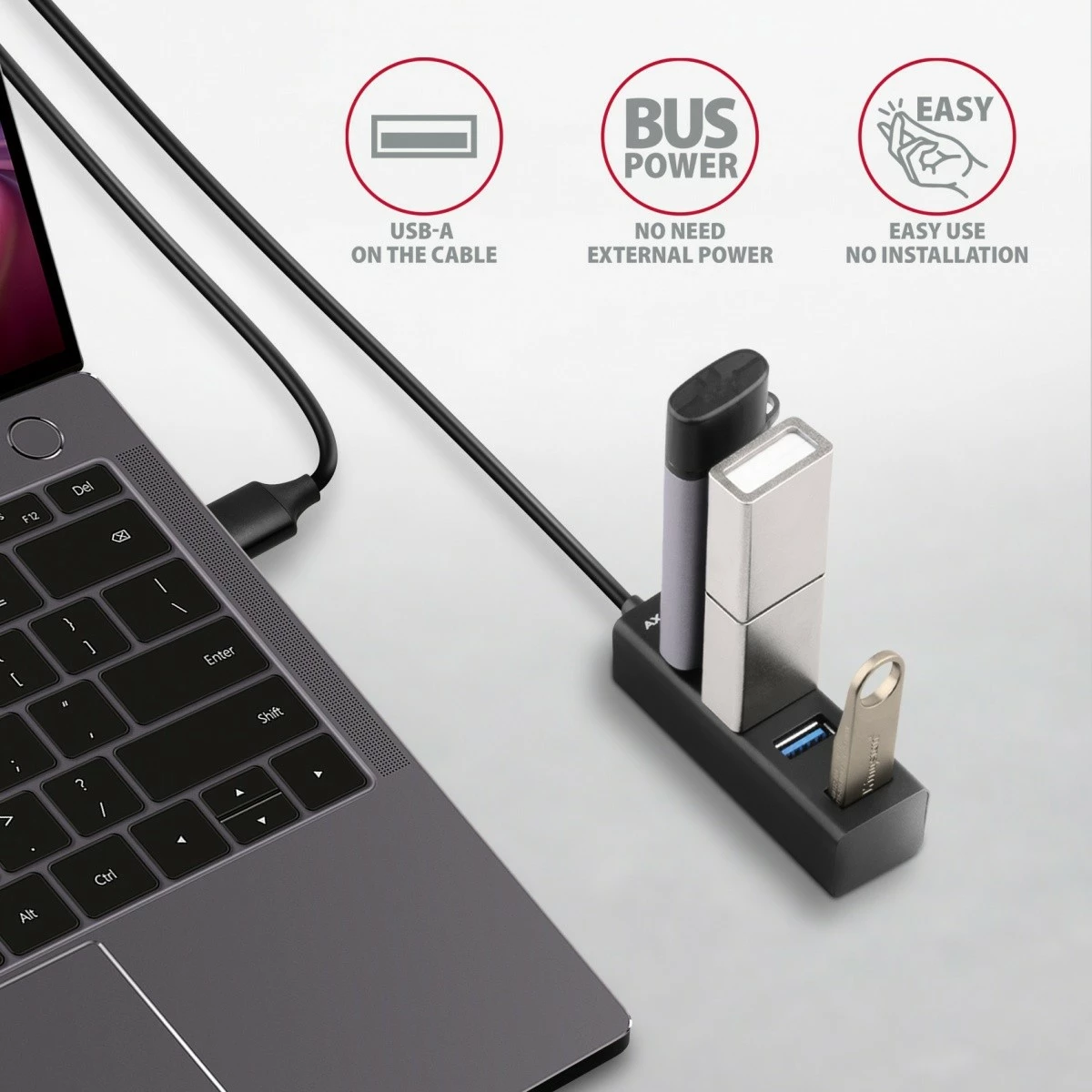 Mini kovinski USB razdelilec, 4 vrata, USB 3.2 Gen 1, kabel 1,2 m, črn AXAGON HUE-M1AL