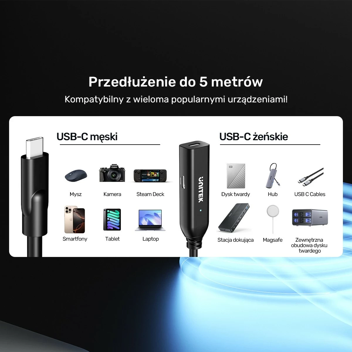 Podaljševalni kabel USB-C 5 m, 10 Gbps, črn Unitek