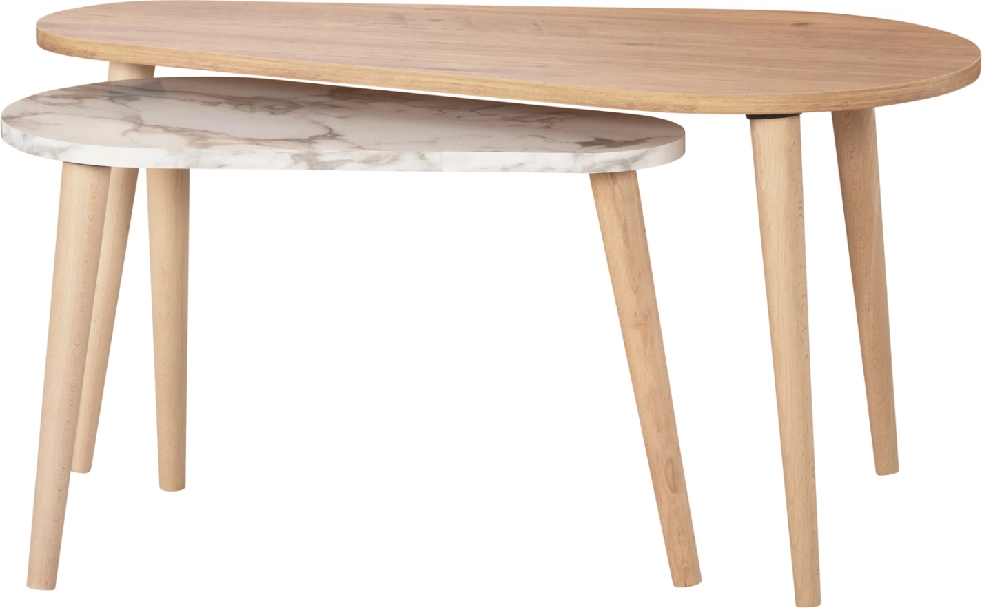 Klubske mizice 2 kosa APRILIA FH18179.03 melamin v naravni in beli marmor-lesene noge v naravni 94x47x47,5Hcm