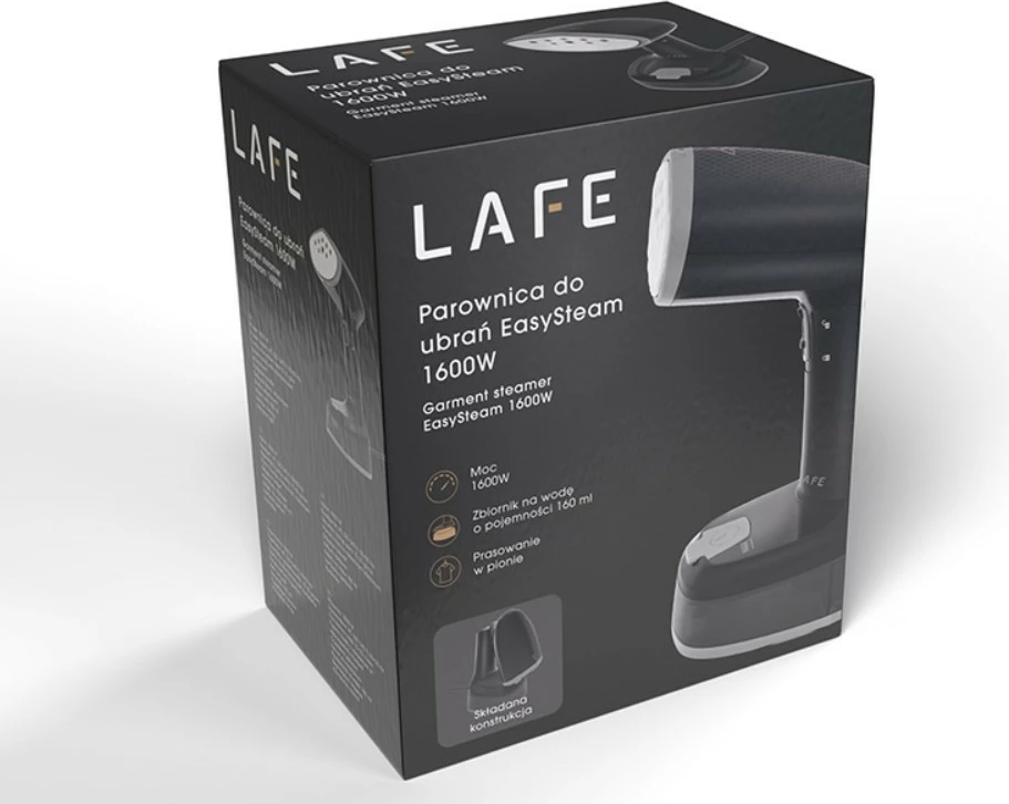 Parni likalnik Lafe EasySteam LAFZEL47580, 1600 W, izhod pare 15–25 g/min, rezervoar 140 ml, zložljiv ročaj, črn