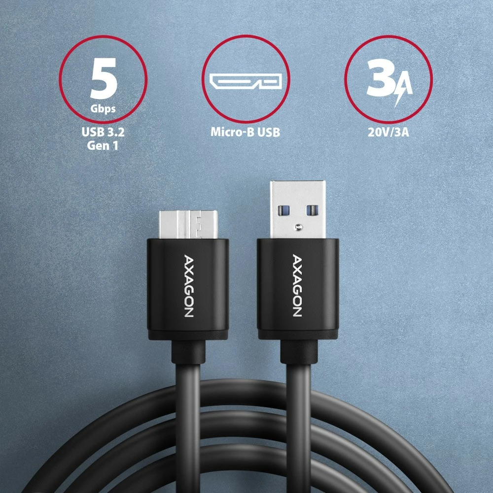 Kabel Micro-B USB na USB-A, AXAGON BUMM3-AM10AB, 1 m, 3A, črn Kabel Micro-B USB na USB-A, AXAGON BUMM3-AM10AB, 1 m, 3A, črn