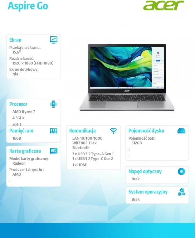 Prenosnik Acer Aspire Go 15 AG15-42P-R40Z, Ryzen 7 5825U, 15,6" FHD, 16 GB, 512 GB SSD, brez operacijskega sistema, srebrn