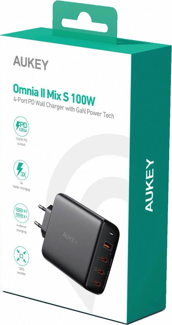 Stenski polnilec AUKEY Omnia II PA-B7S, 100 W, 4×USB (3×USB-C + 1×USB-A), črn