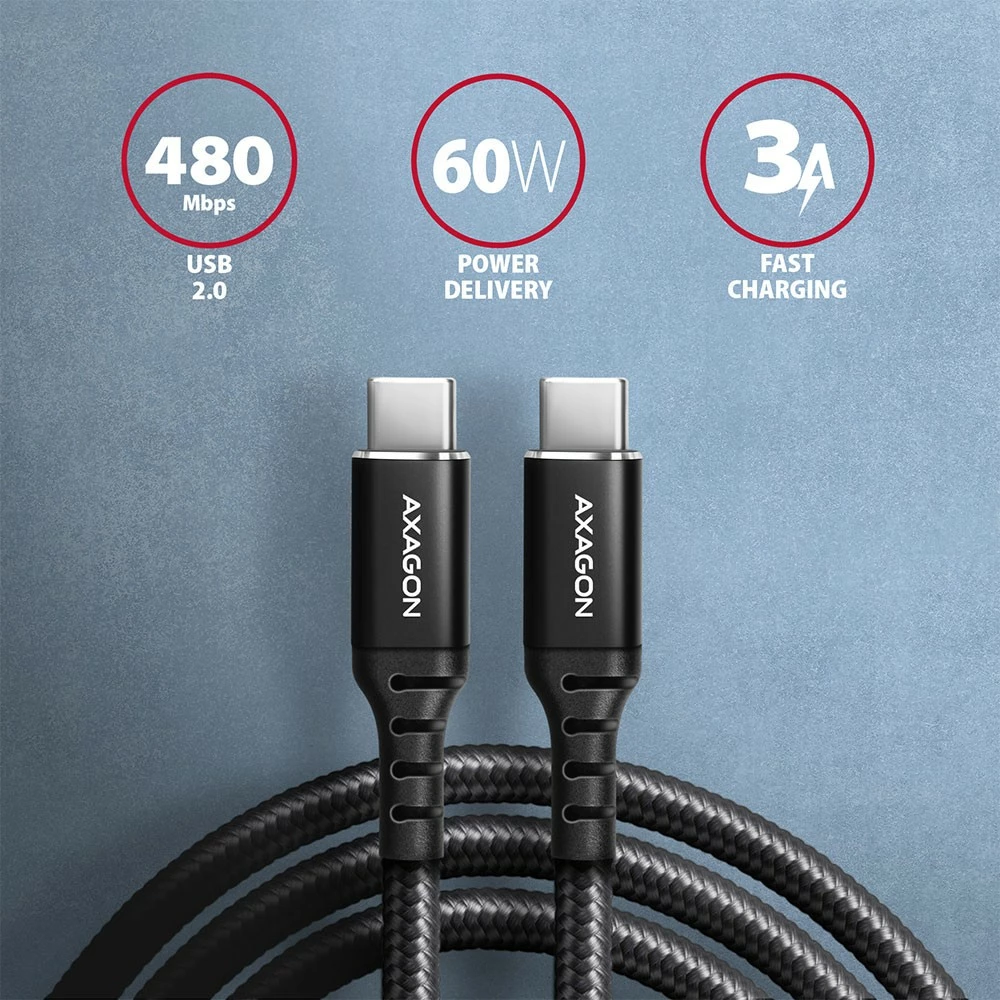 USB-C kabel AXAGON BUCM-CM15AB, 1,5 m, PD 60W, 3A, črn USB-C kabel AXAGON BUCM-CM15AB, 1,5 m, PD 60W, 3A, črn