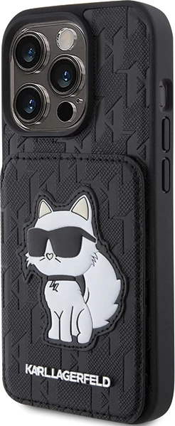 Preklopna zaščita z režami za kartice in stojalom Monogram Choupette Karl Lagerfeld za iPhone 15 Pro, črna