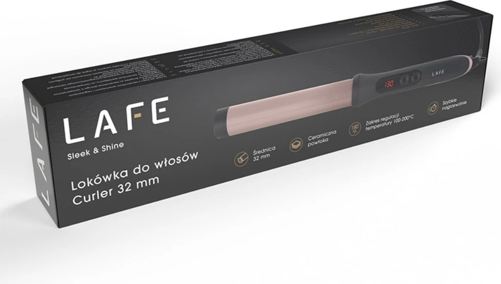 Kodralnik za lase Sleek & Shine Curler Lafe LAFLKA47572, 32 mm, nastavljiva temperatura 100–200 °C, 60 W, keramični premaz, LCD zaslon, z zaščitnim držalom, črno/rožnat