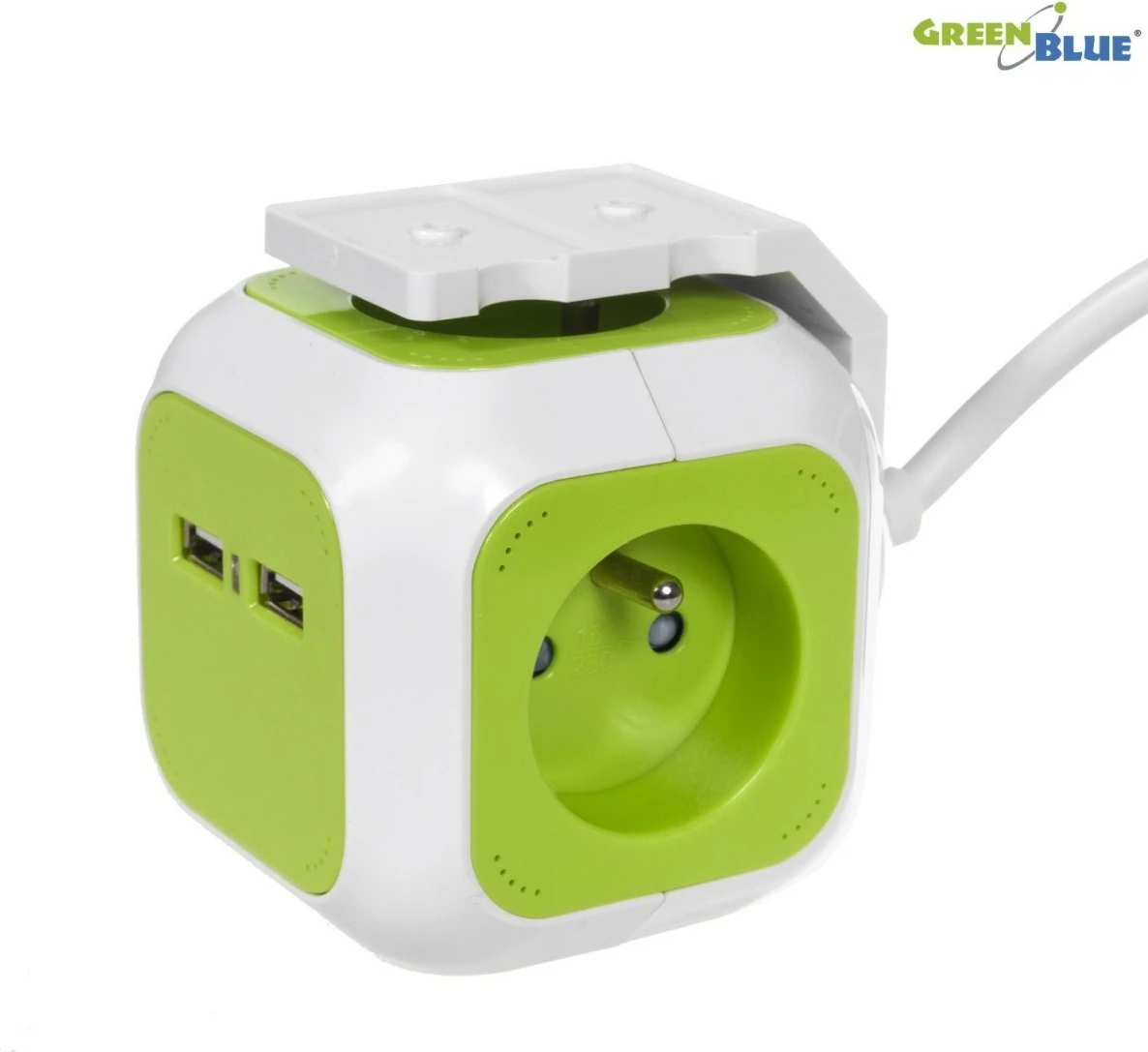 Večvtičnica z USB GreenBlue MagicCube GB118, 4 vtiči, 2× USB, 1,4 m, bela/zelena