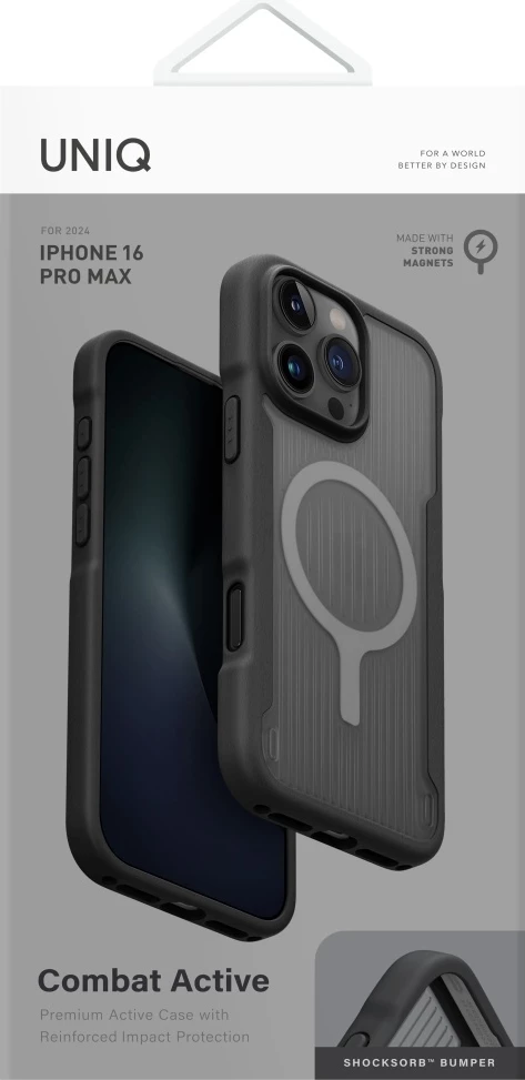 Ovitek za telefon z MagClick brezžičnim polnjenjem UNIQ Combat Active za iPhone 16 Pro Max, črn