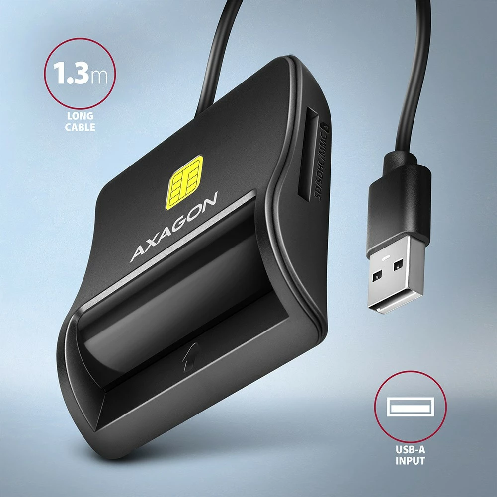Bralnik kartic, USB 2.0, za pametno kartico/SD/microSD/SIM, črn AXAGON CRE-SM3SD Bralnik kartic, USB 2.0, za pametno kartico/SD/microSD/SIM, črn AXAGON CRE-SM3SD