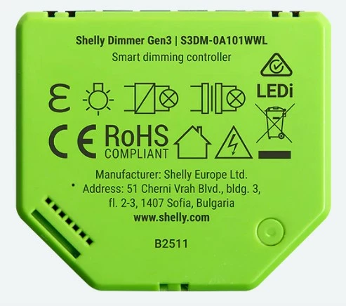 Dimmer za LED Shelly Dimmer Gen3, brezžični, upravljanje preko aplikacije, črno/lime