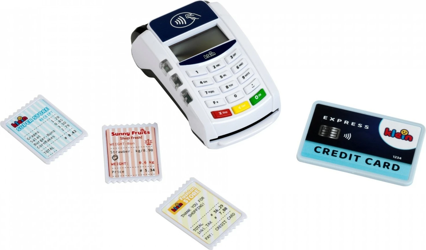 Igračni plačilni terminal Klein 7266, plastika, bel, z igričarsko kreditno kartico in računi