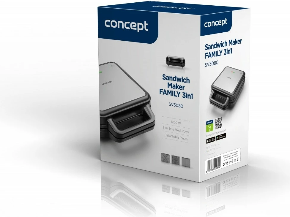 Toster 3-v-1 Concept SV3080, 1200 W, zamenljive XXL plošče, črn/nerjaveče jeklo