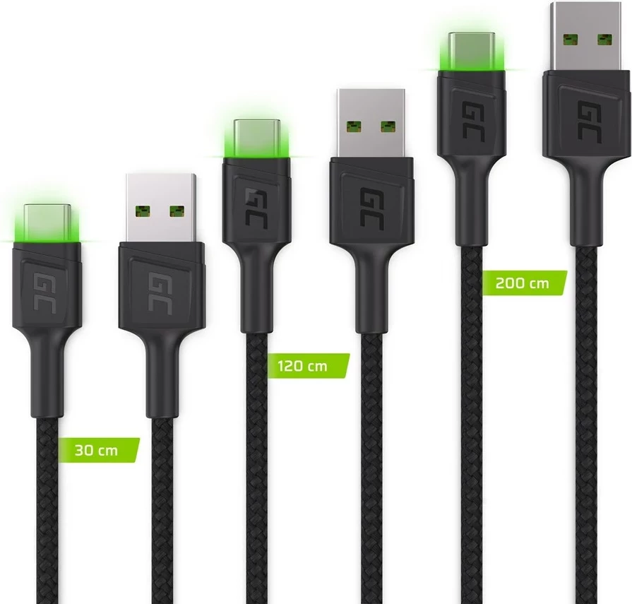 Komplet kablov USB-C z zeleno LED osvetlitvijo, Green Cell GC Ray 3x, 30 cm, 120 cm, 200 cm, hitro polnjenje