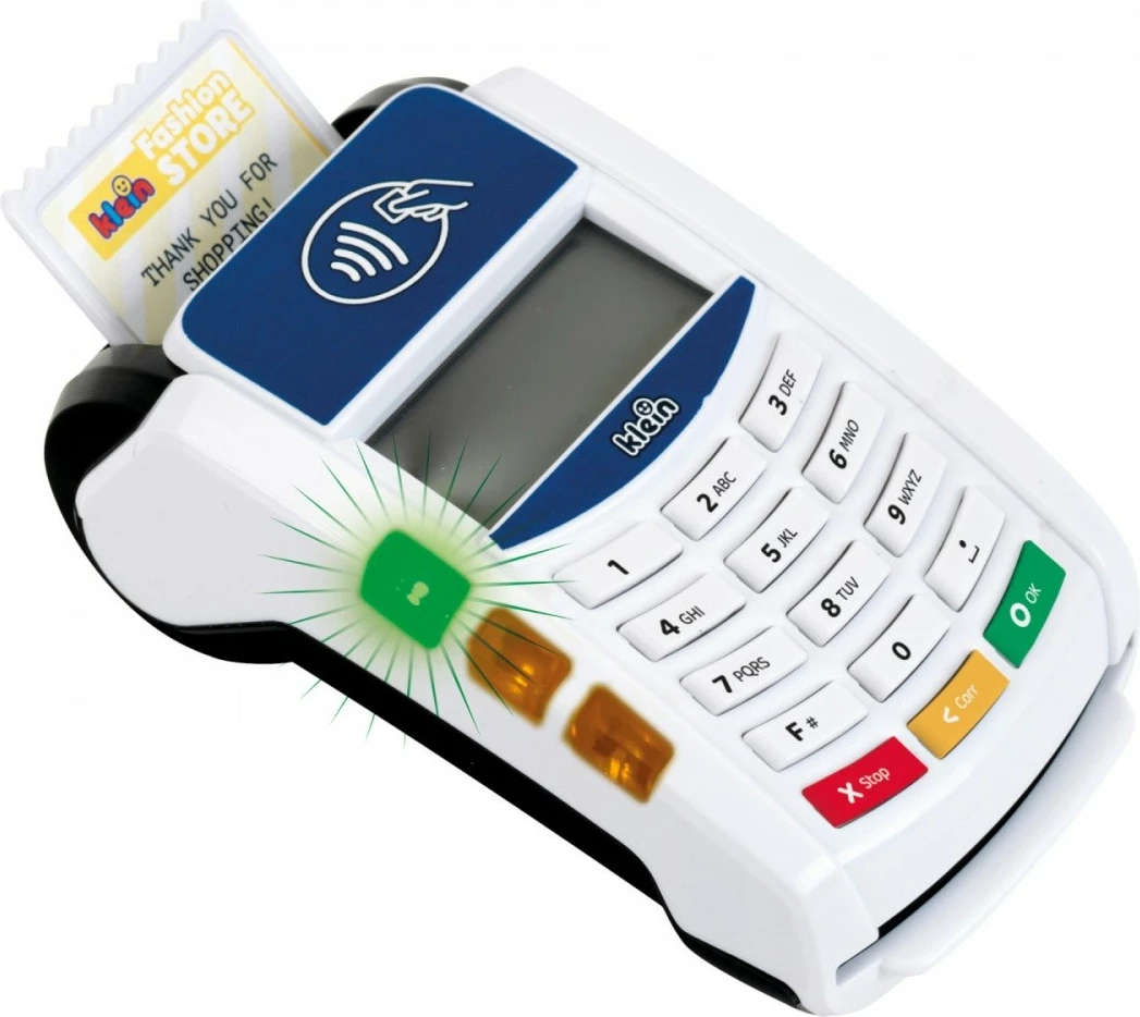 Igračni plačilni terminal Klein 7266, plastika, bel, z igričarsko kreditno kartico in računi