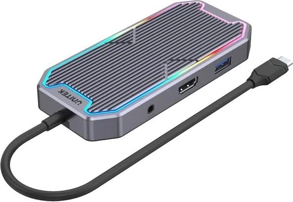 Večfunkcijski hub z USB-C, HDMI, RJ45 in 3,5 mm avdio priključkom, Unitek, sivi