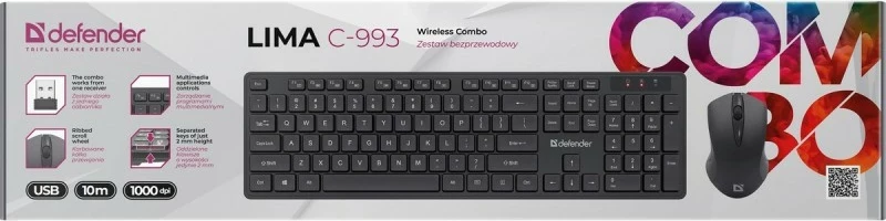 Komplet brezžična tipkovnica in miška Defender LIMA C-993 RF, USB, črn