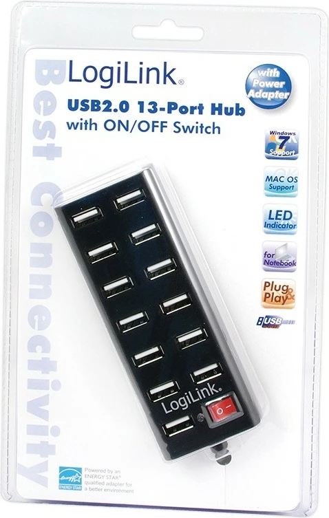 USB hub z vklopnim stikalom LogiLink UA0126, 13 vrat, črn