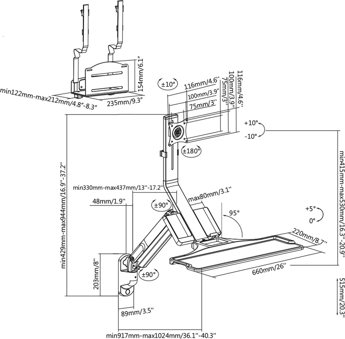 Stenska nosilka za monitor in tipkovnico Maclean MC-838, za računalnik, črna