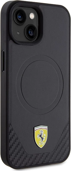 Ovitek za telefon z ogljikovimi detajli in kovinskim logotipom, MagSafe, črn Ferrari FEHMP15SPTEK za iPhone 15 6.1"