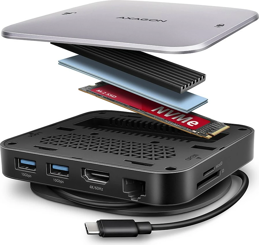 Multiportni USB-C hub, AXAGON HMC-UFO, 9-v-1, 10Gbps, 2x USB-A, HDMI 4K/60Hz, M.2 NVMe/SATA, avdio, PD 100W, SD/microSD, Gigabit Ethernet (RJ-45), 65 cm USB-C kabel, črn/srebrn