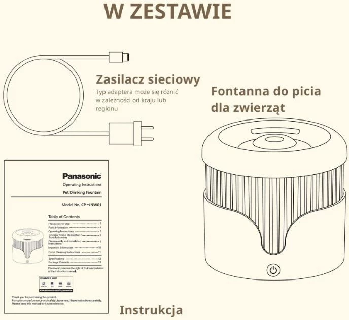 Avtomatski napajalnik vode za mačke Panasonic CP-JNW01CW, plastika, bela