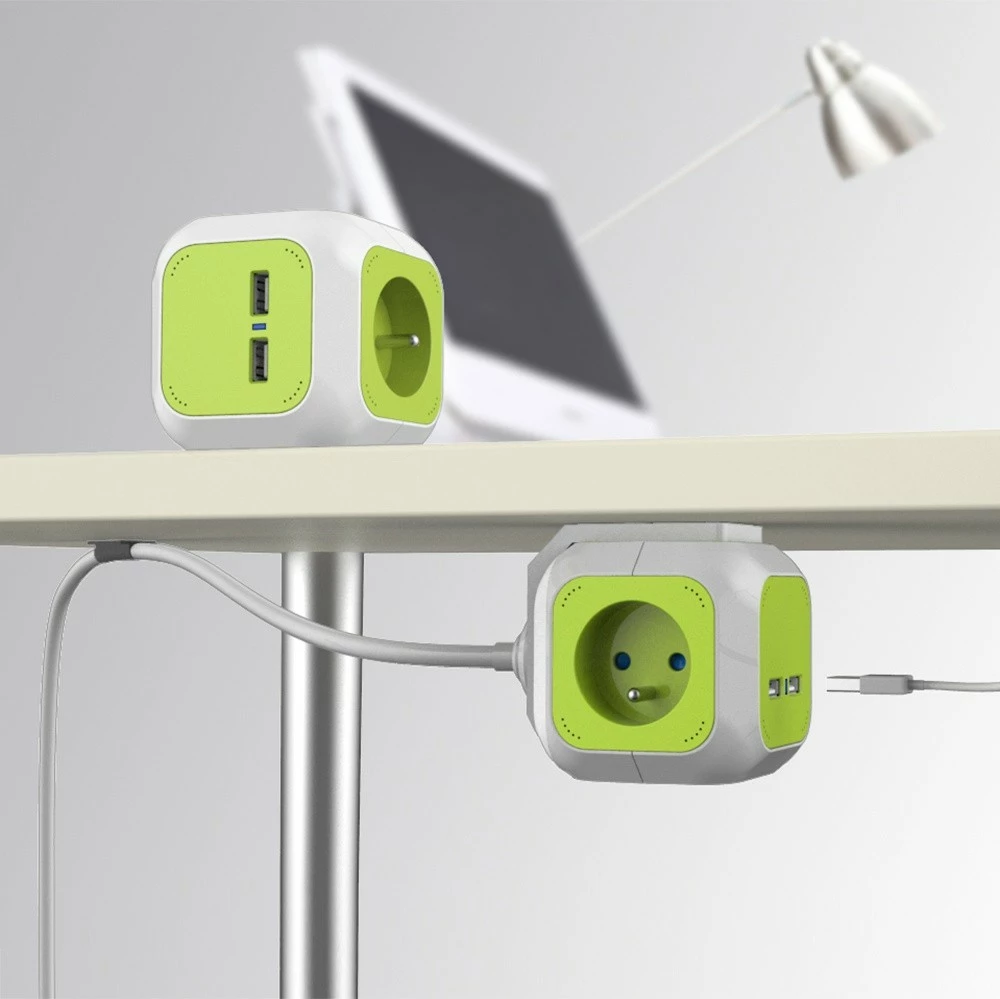 Večvtičnica z USB GreenBlue MagicCube GB118, 4 vtiči, 2× USB, 1,4 m, bela/zelena