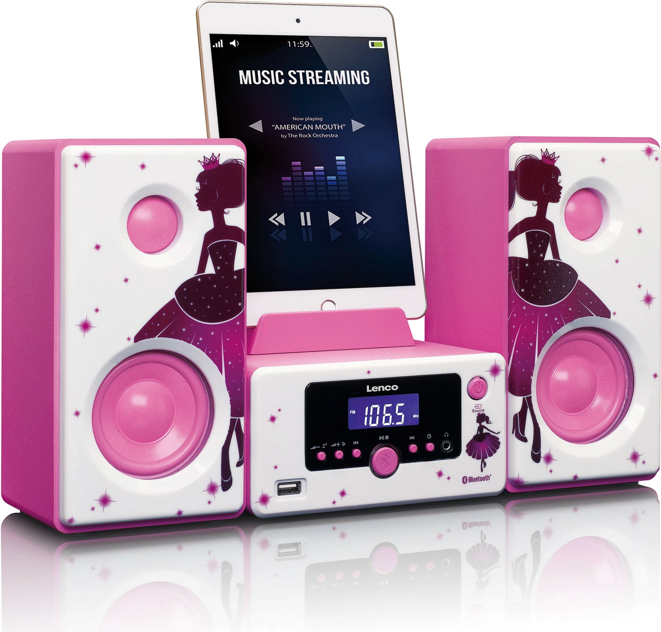 Zvočniki Lenco MC-020 Princess, Bluetooth, USB, 10W, roza/bela Zvočniki Lenco MC-020 Princess, Bluetooth, USB, 10W, roza/bela
