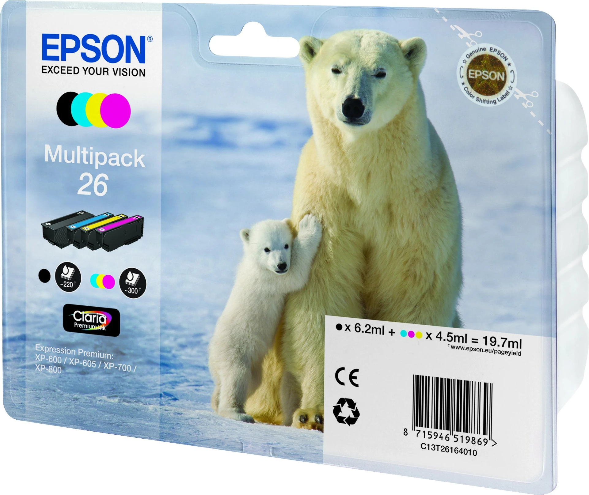 Multipak tonerjev Epson Polar bear 26 Claria Premium, črn, cijan, magenta, rumen