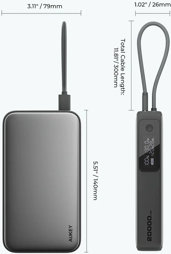 Power bank 20000 mAh, 130W, 4x USB, USB-C kabel, LED, siv - AUKEY PB-Y48 Spark Sling