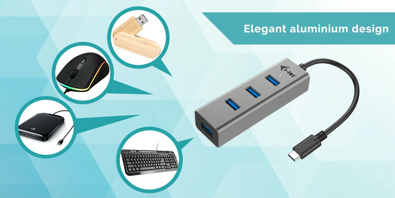 USB-C razdelilec I-Tec, 4 vrata, USB 3.2 Gen 1, 5000 Mbit/s, srebrno-siv