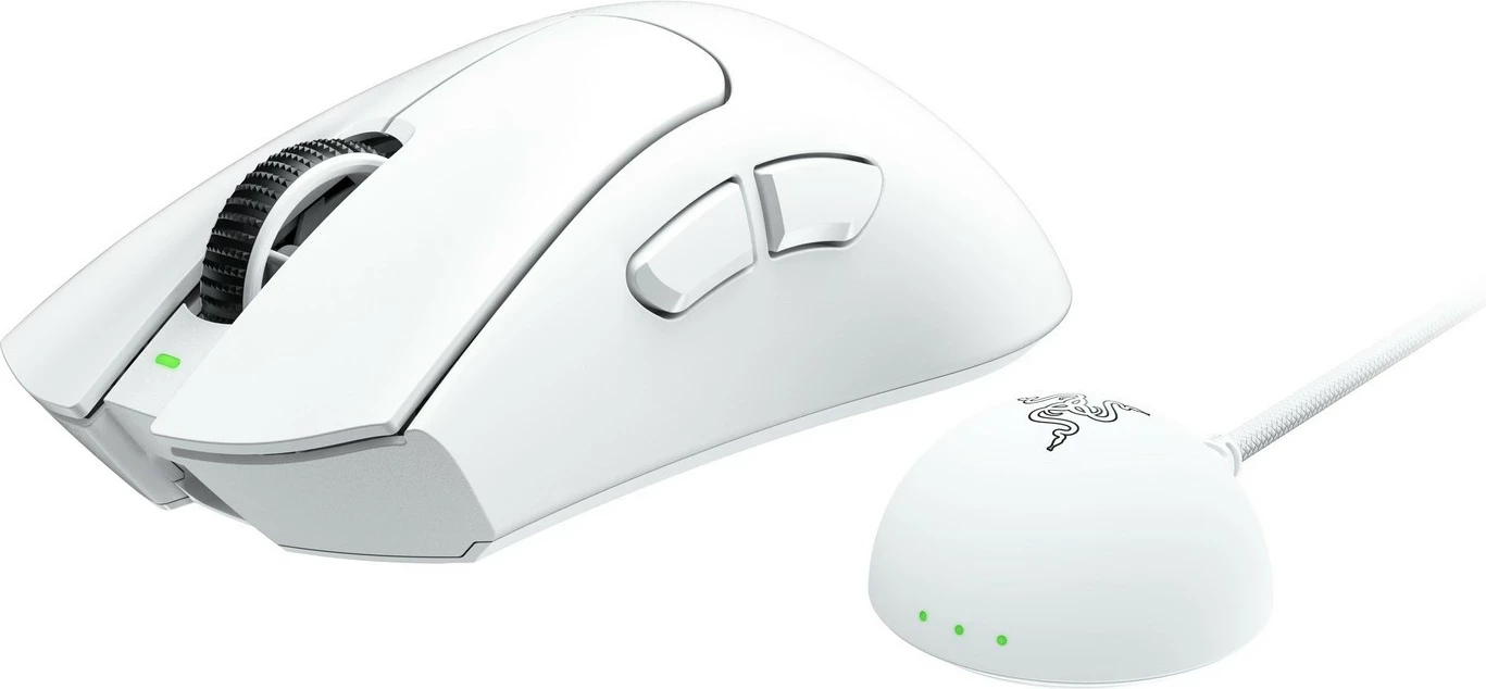 Ergonomski brezžični miška Razer DeathAdder V4 Pro, wireless in USB-C, 45K DPI, 6 gumbov, bela