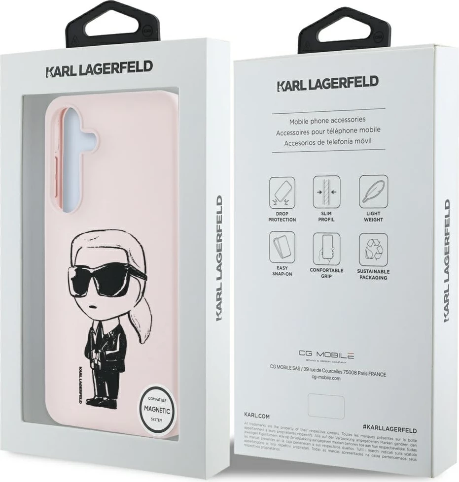 Ovitek za telefon iz silikona z ikoničnim grafitijem in MagSafe za Samsung Galaxy S25, rožnat — Karl Lagerfeld