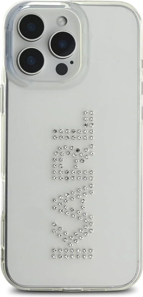 Ovitek za telefon z logotipom okrašenim z rhinestones, Karl Lagerfeld IML, za iPhone 16 Pro, prozoren