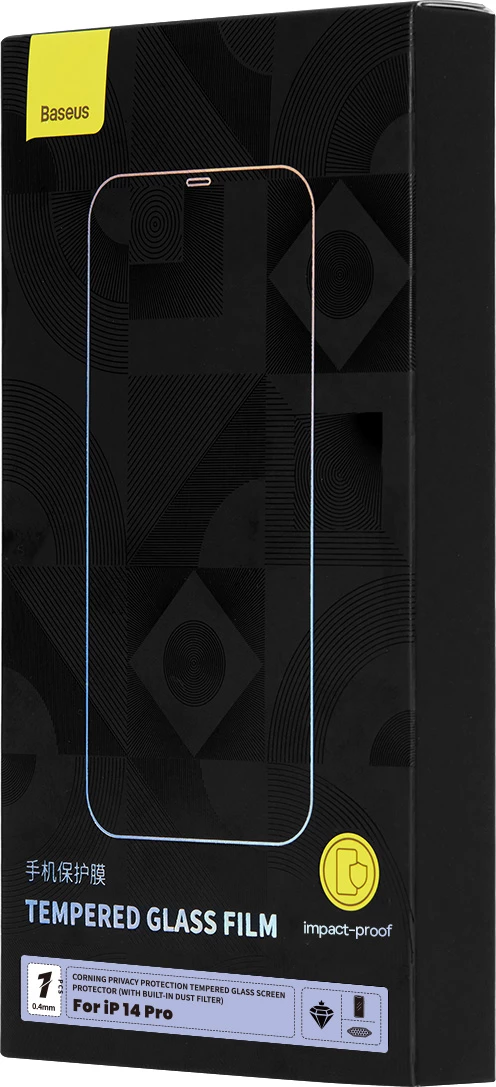 Kaljeno zaščitno steklo z filtrom zasebnosti, 0,4 mm za iPhone 14 Pro — Baseus, komplet za namestitev, prozorno