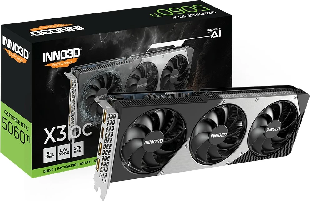 Grafična kartica Inno3D RTX 5060 Ti Twin X3 OC, 8 GB GDDR7, 3 ventilatorji, črno/siva Grafična kartica Inno3D RTX 5060 Ti Twin X3 OC, 8 GB GDDR7, 3 ventilatorji, črno/siva