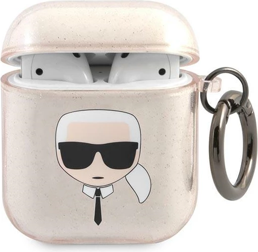 Ovitek za AirPods 1/2 Karl Lagerfeld KLA2UKHGD, bleščeč motiv Karl's Head, zlat