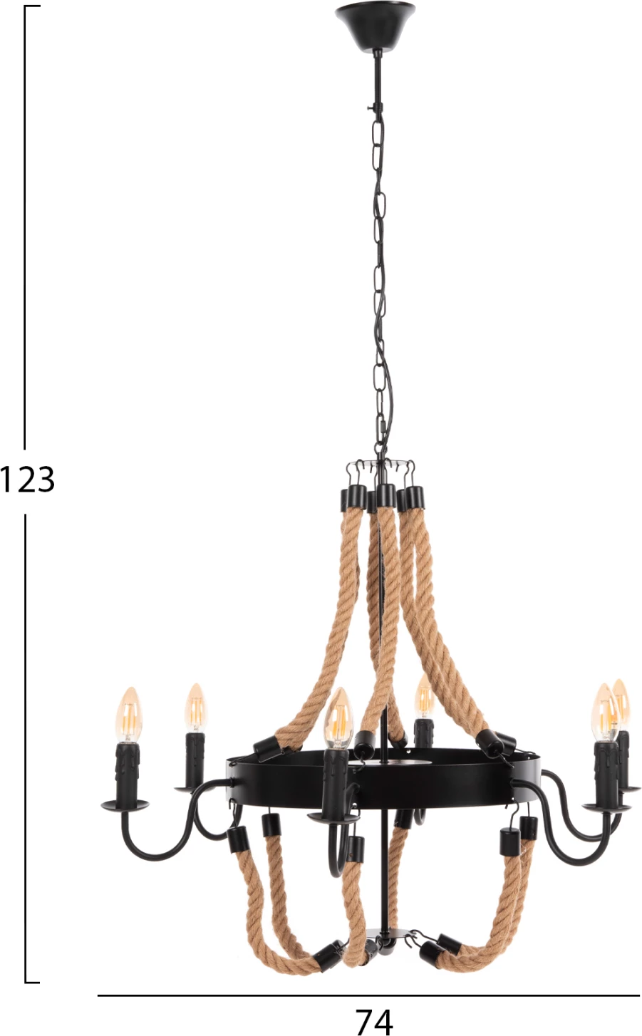 Stropna viseča svetilka FH4177 6-delna z vrvjo in črnim kovinskim 74x74x123Hcm