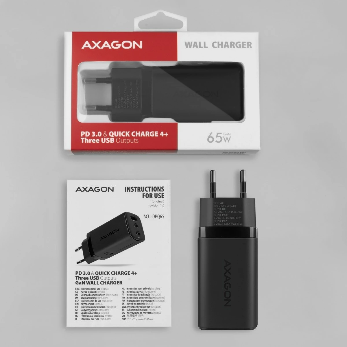 GaN polnilec AXAGON ACU-DPQ65, 65W, 3 vhodi (USB-A + 2× USB-C), črn GaN polnilec AXAGON ACU-DPQ65, 65W, 3 vhodi (USB-A + 2× USB-C), črn