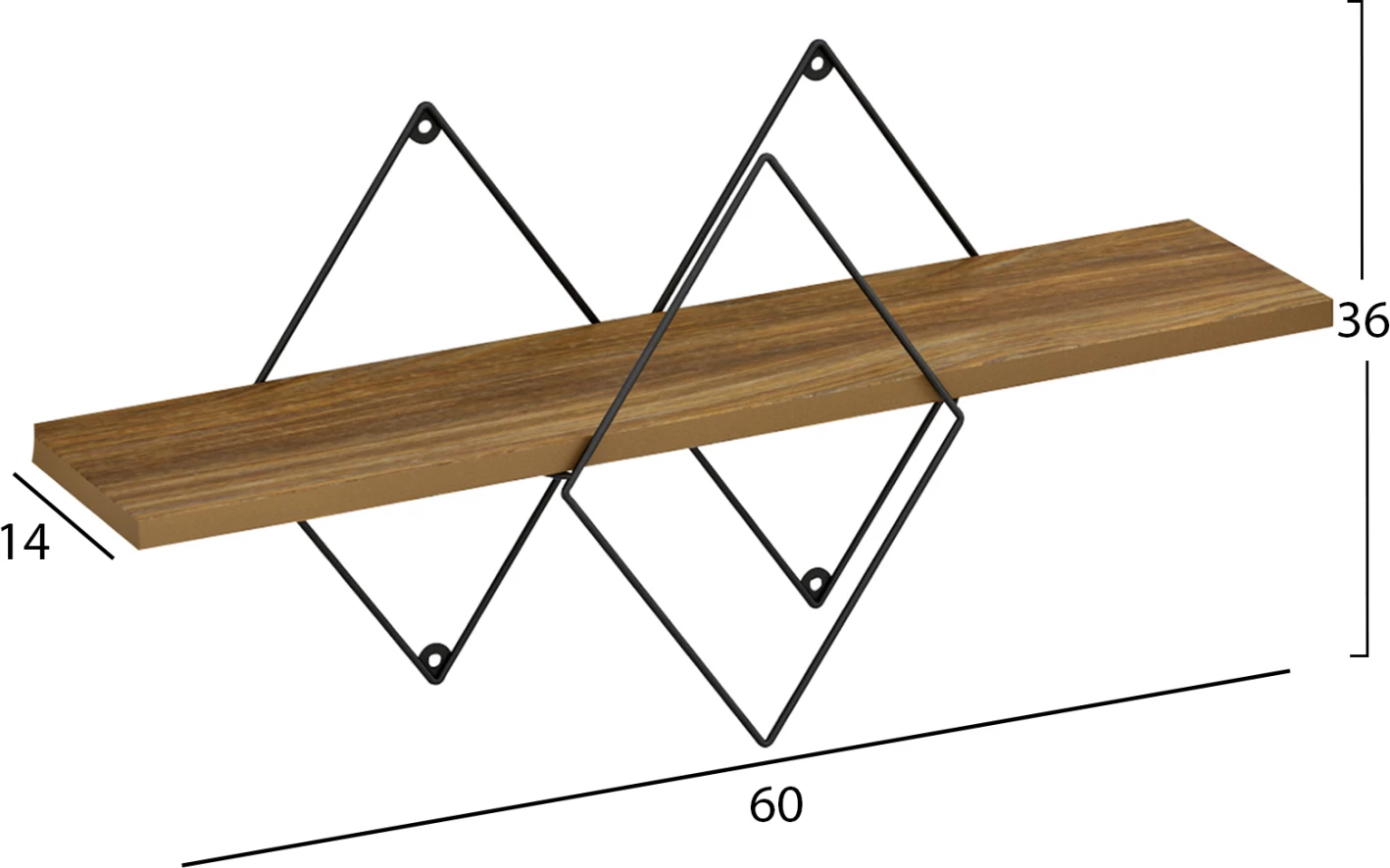 Stenska polica CHANTRIA FH8934.11 melamin v barvi hrasta-kovina v črni 60x14x36Hcm