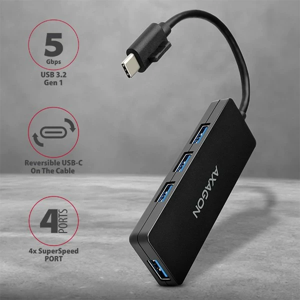 USB hub z 4 vrati, USB 3.2 Gen 1, kabel Type-C 14 cm, črn AXAGON HUE-G1C USB hub z 4 vrati, USB 3.2 Gen 1, kabel Type-C 14 cm, črn AXAGON HUE-G1C