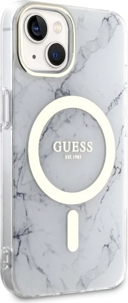 Ovitek za telefon z marmornim vzorcem MagSafe za iPhone 14 Plus 6,7", bel, Guess
